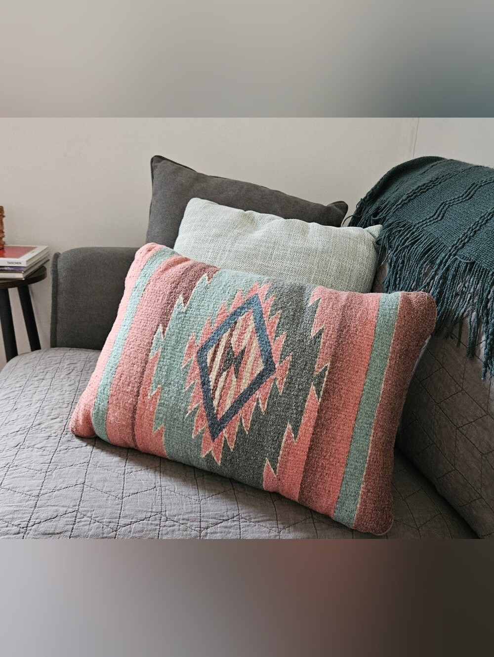 Southwestern Pattern Pink and Teal Decorative Lumbar Pillow - Kilim Style